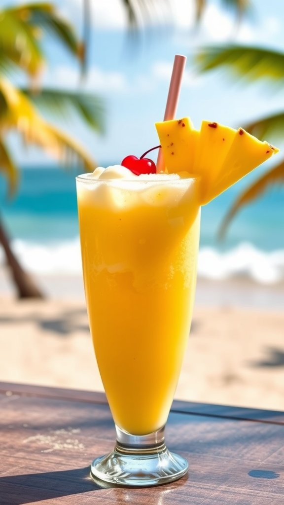A refreshing Piña Colada in a glass, garnished with pineapple and cherry, against a tropical beach backdrop.